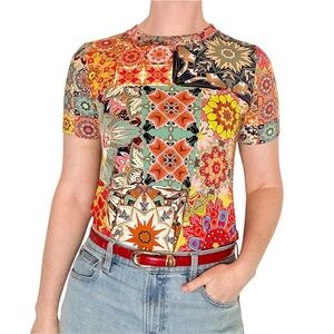 Johnny Was Janie Short Sleeve Colorful Multicolor Floral Print Tee Shirt XXS